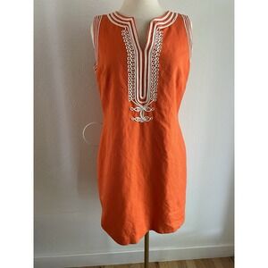 Vintage Y2k Linen Orange White Soutache Shift Mod Tunic Dress 10 A Line 70s Look